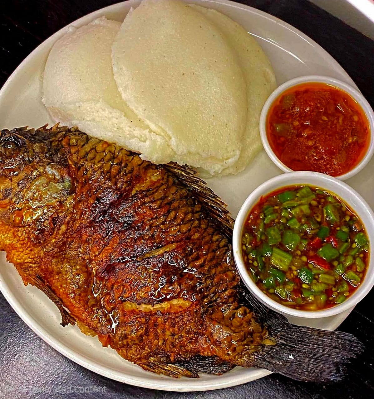 Whole fried fish with nsima and relishes