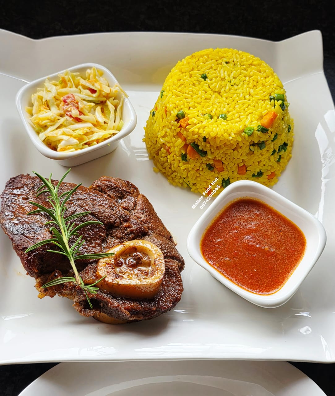 Braised beef shank with rosemary and yellow vegetable rice