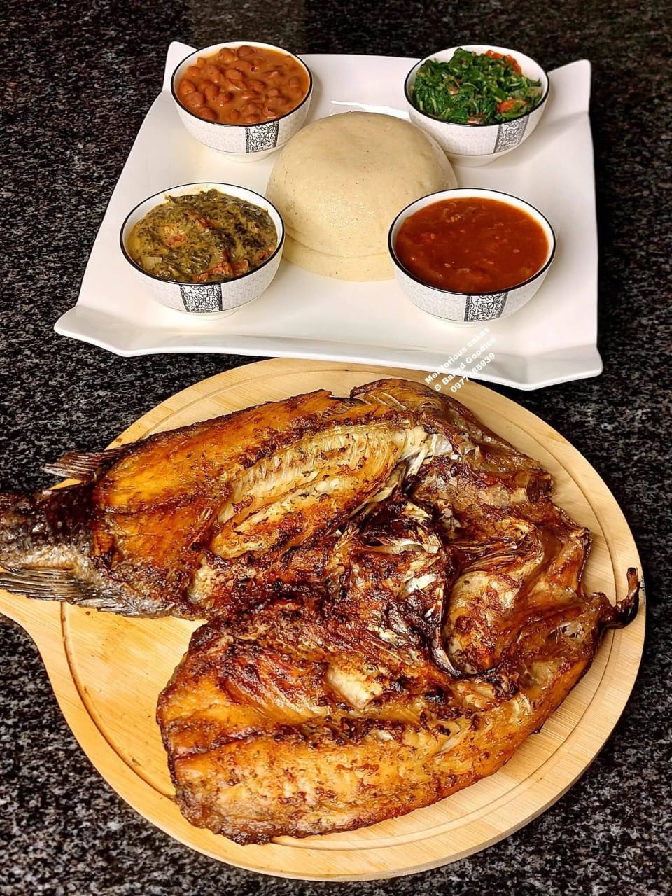 Whole fried fish with rosemary and relishes
